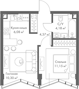 Планировка — МИРА, 2-комн., 36 м²