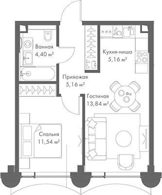 Планировка — МИРА, 2-комн., 40 м²