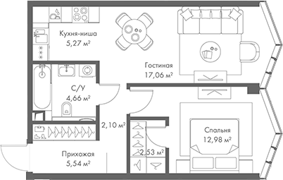 Планировка — МИРА, 2-комн., 50 м²