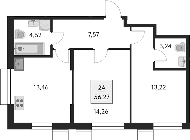 Планировка — Бархат.Сити, 2-комн., 56 м²