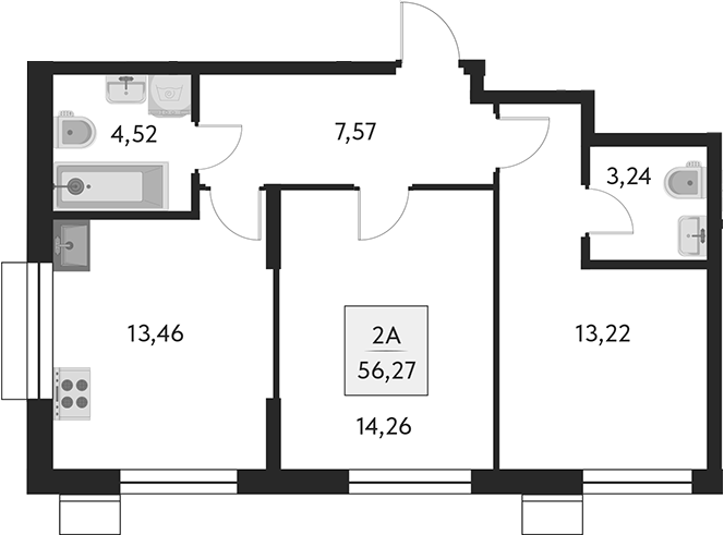 Планировка — Бархат.Сити, 2-комн., 56 м²