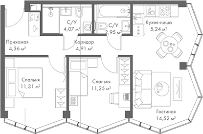 Планировка — МИРА, 3-комн., 59 м²