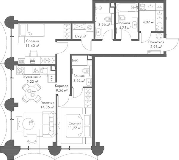 Планировка — МИРА, 3-комн., 73 м²