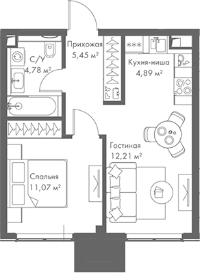 Планировка — МИРА, 2-комн., 38 м²
