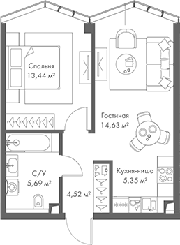 Планировка — МИРА, 2-комн., 44 м²