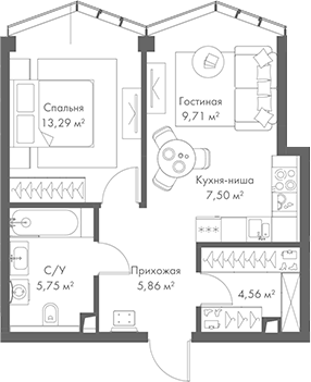 Планировка — МИРА, 2-комн., 47 м²