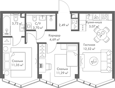 Планировка — МИРА, 3-комн., 55 м²