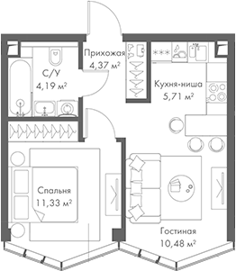 Планировка — МИРА, 2-комн., 36 м²