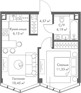 Планировка — МИРА, 2-комн., 36 м²