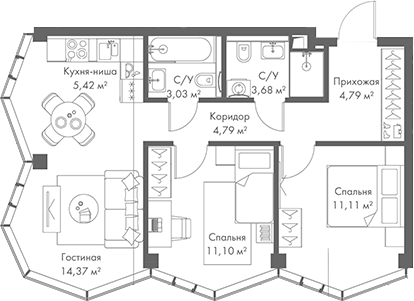 Планировка — МИРА, 3-комн., 58 м²