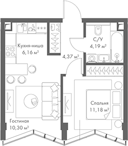 Планировка — МИРА, 2-комн., 36 м²
