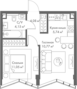 Планировка — МИРА, 2-комн., 36 м²
