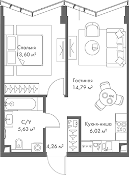 Планировка — МИРА, 2-комн., 44 м²