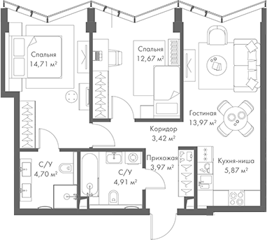 Планировка — МИРА, 3-комн., 64 м²