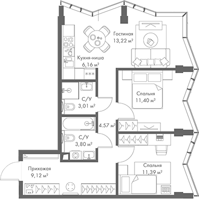 Планировка — МИРА, 3-комн., 63 м²