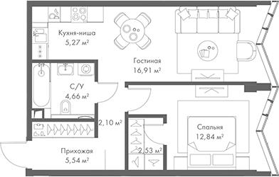 Планировка — МИРА, 2-комн., 50 м²