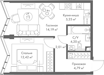 Планировка — МИРА, 2-комн., 43 м²