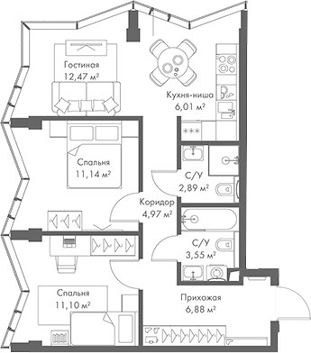 Планировка — МИРА, 3-комн., 59 м²
