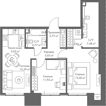 Планировка — МИРА, 3-комн., 67 м²