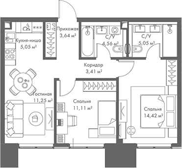 Планировка — МИРА, 3-комн., 58 м²