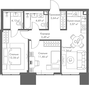 Планировка — МИРА, 3-комн., 56 м²