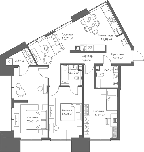 Планировка — МИРА, 4-комн., 95 м²