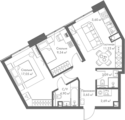 Планировка — МИРА, 3-комн., 59 м²