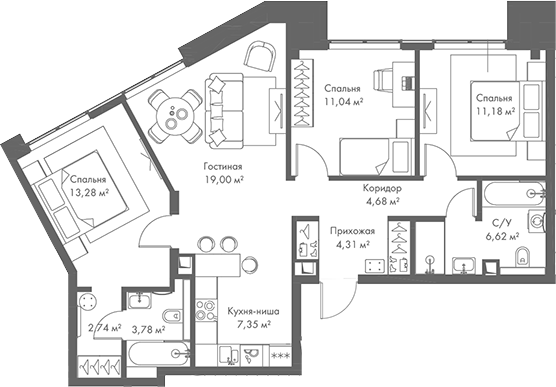Планировка — МИРА, 4-комн., 84 м²