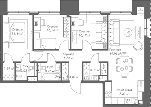 Планировка — МИРА, 4-комн., 79 м²