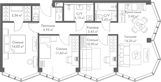 Планировка — МИРА, 4-комн., 77 м²