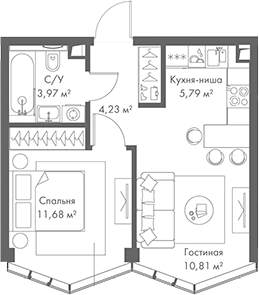 Планировка — МИРА, 2-комн., 36 м²