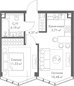 Планировка — МИРА, 2-комн., 36 м²