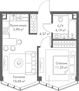 Планировка — МИРА, 2-комн., 36 м²