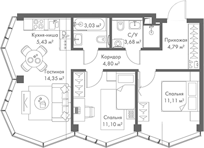 Планировка — МИРА, 3-комн., 58 м²