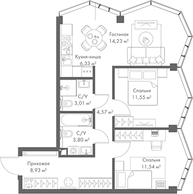 Планировка — МИРА, 3-комн., 64 м²