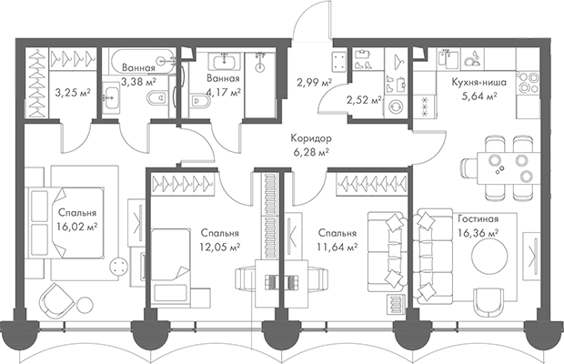 Планировка — МИРА, 4-комн., 84 м²