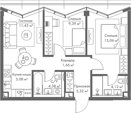 Планировка — МИРА, 3-комн., 54 м²
