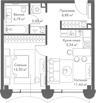 Планировка — МИРА, 2-комн., 46 м²