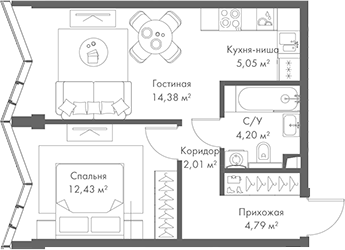 Планировка — МИРА, 2-комн., 43 м²