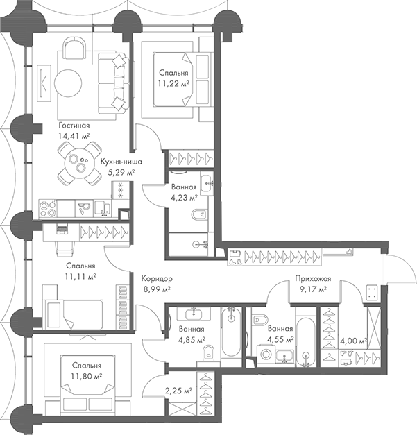Планировка — МИРА, 4-комн., 92 м²