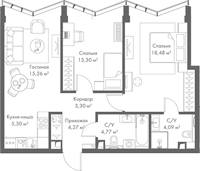 Планировка — МИРА, 3-комн., 69 м²
