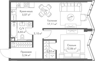 Планировка — МИРА, 2-комн., 50 м²