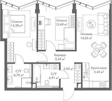 Планировка — МИРА, 3-комн., 64 м²