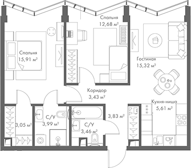 Планировка — МИРА, 3-комн., 67 м²