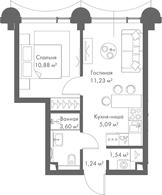Планировка — МИРА, 2-комн., 34 м²