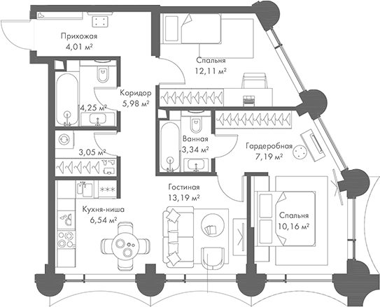 Планировка — МИРА, 3-комн., 70 м²