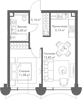 Планировка — МИРА, 2-комн., 40 м²