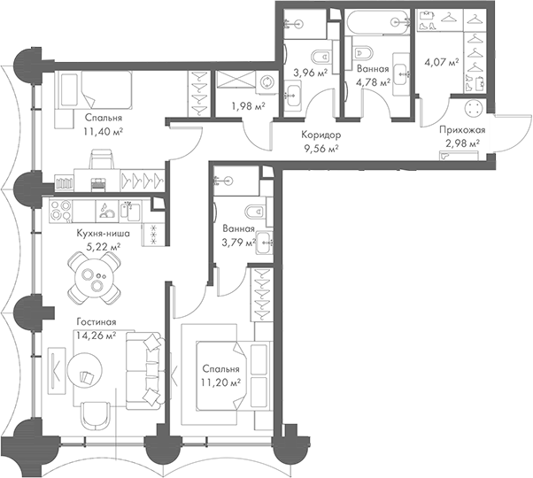 Планировка — МИРА, 3-комн., 73 м²
