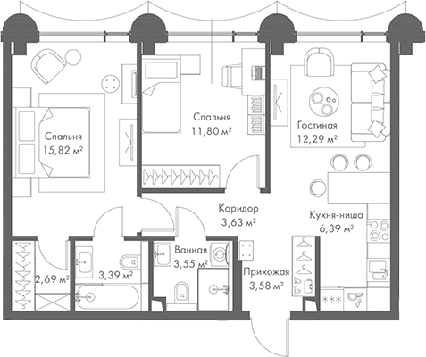 Планировка — МИРА, 3-комн., 63 м²