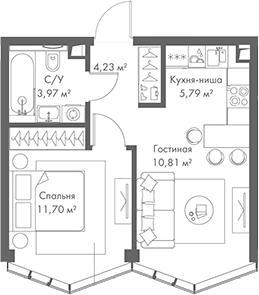 Планировка — МИРА, 2-комн., 37 м²